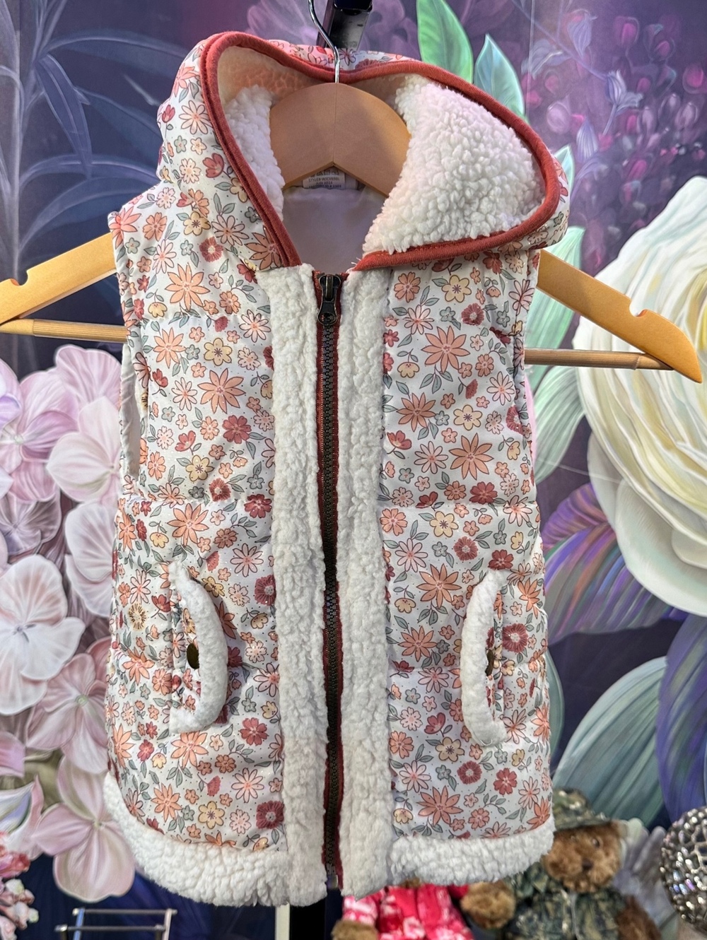 Little Lass Girls Size 4 Floral Sherpa Hooded Puffer Vest Cottagecore